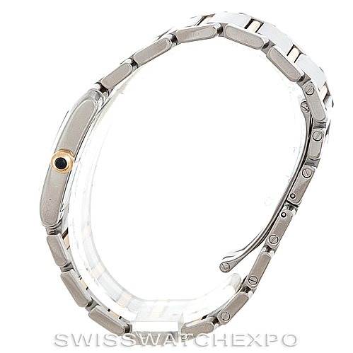 The image shows a side view of the Cartier Tank Française watch, highlighting its metal bracelet and crown.