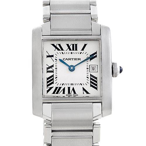 This image shows a front view of the Cartier Tank Francaise W51011Q3 Women's Stainless Steel Silver Dial W51011Q3 Women's Stainless Steel Silver Dial watch, displaying the face, Roman numerals, hands, and bracelet.