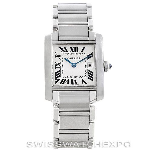The image shows a front view of the Cartier Tank Francaise W51011Q3 Women's Stainless Steel Silver Dial W51011Q3 Women's Stainless Steel Silver Dial watch, featuring its rectangular face, Roman numerals, and metal bracelet.