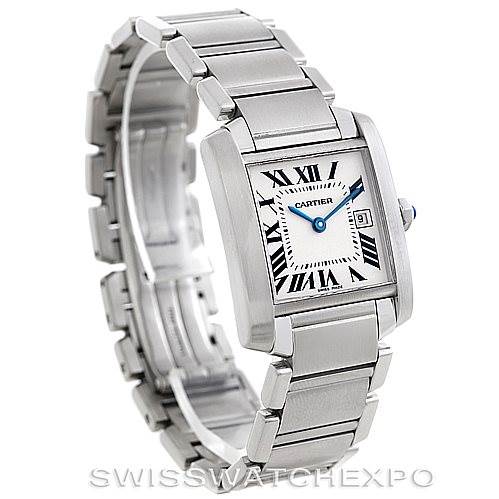 This image shows a Cartier Tank Française watch at a slight angle, highlighting its square face, Roman numerals, and metal bracelet.