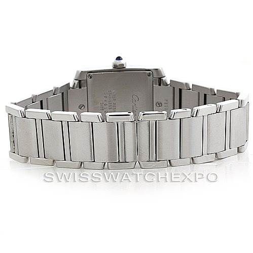 The image shows the back view of a Cartier Tank Francaise W51011Q3 Women's Stainless Steel Silver Dial W51011Q3 Women's Stainless Steel Silver Dial watch, focusing on the stainless steel bracelet and case back.