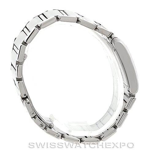 The image shows a side view of the stainless steel bracelet and clasp of a Cartier Tank Française watch.