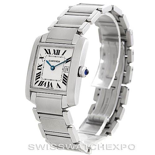 The image shows a Cartier Tank Française watch at an angle revealing its rectangular face, Roman numerals, and stainless steel bracelet.