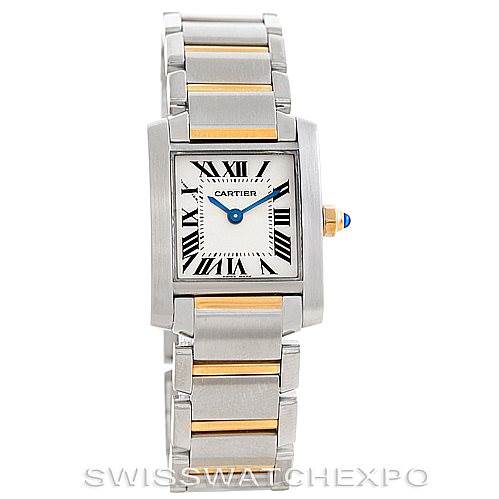 The image shows a front view of a Cartier Tank Française watch, displaying the face, bracelet, and crown with its distinctive blue gem.