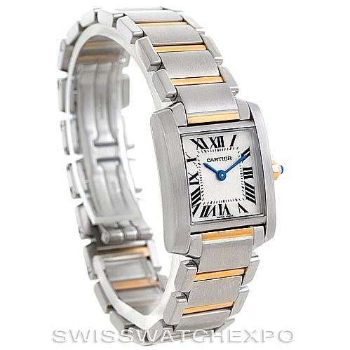 This image shows a Cartier Tank Francaise W51007Q4 Women's Steel and Gold (two tone) Silver Dial W51007Q4 Women's Steel and Gold (two tone) Silver Dial watch at a three-quarter angle, highlighting its rectangular face and two-tone metal bracelet.