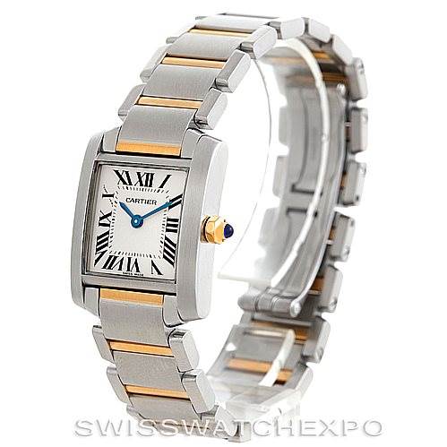 The image shows a Cartier Tank Francaise W51007Q4 Women's Steel and Gold (two tone) Silver Dial W51007Q4 Women's Steel and Gold (two tone) Silver Dial watch from an angled view, highlighting its silver and gold bracelet and rectangular face with Roman numerals.