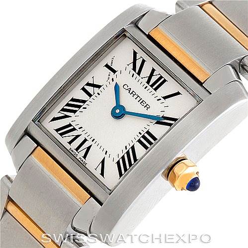 The image shows a close-up angle of the face and part of the bracelet of the Cartier Tank Francaise W51007Q4 Women's Steel and Gold (two tone) Silver Dial W51007Q4 Women's Steel and Gold (two tone) Silver Dial watch.