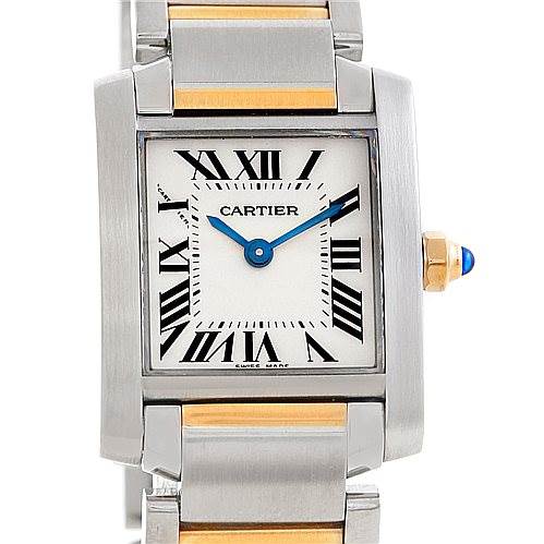 This image shows a front view of a Cartier Tank Française watch, highlighting its face, Roman numerals, and bi-metal bracelet.