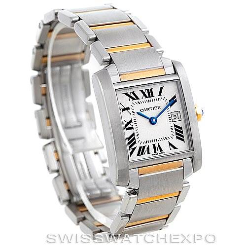 This image shows a Cartier Tank Francaise W51012Q4 Women's Steel and Gold (two tone) Silver Dial W51012Q4 Women's Steel and Gold (two tone) Silver Dial watch from an angled side view, highlighting the rectangular face, Roman numeral dial, and metal bracelet.