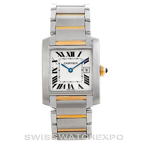 This is a front view of the Cartier Tank Francaise W51012Q4 Women's Steel and Gold (two tone) Silver Dial W51012Q4 Women's Steel and Gold (two tone) Silver Dial watch, showing its rectangular face, Roman numerals, blue hands, and metal bracelet.