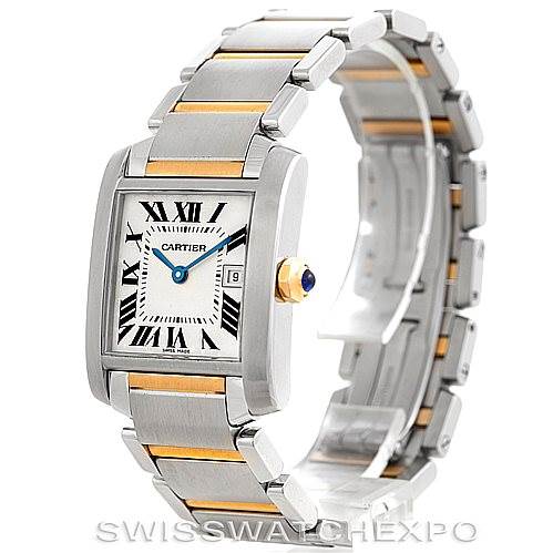 The image shows a side-angle view of the Cartier Tank Francaise W51012Q4 Women's Steel and Gold (two tone) Silver Dial W51012Q4 Women's Steel and Gold (two tone) Silver Dial watch, highlighting its rectangular face, two-tone bracelet, and crown.