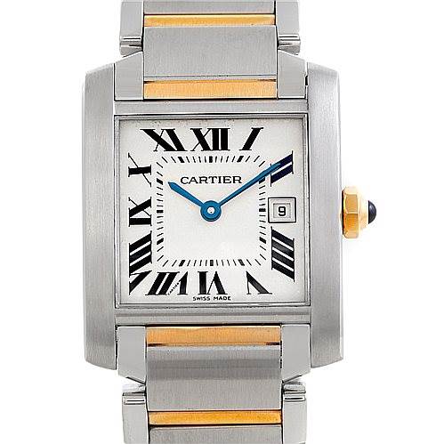 This image shows a front view of the Cartier Tank Francaise W51012Q4 Women's Steel and Gold (two tone) Silver Dial W51012Q4 Women's Steel and Gold (two tone) Silver Dial watch, displaying its face, bezel, and two-tone bracelet.