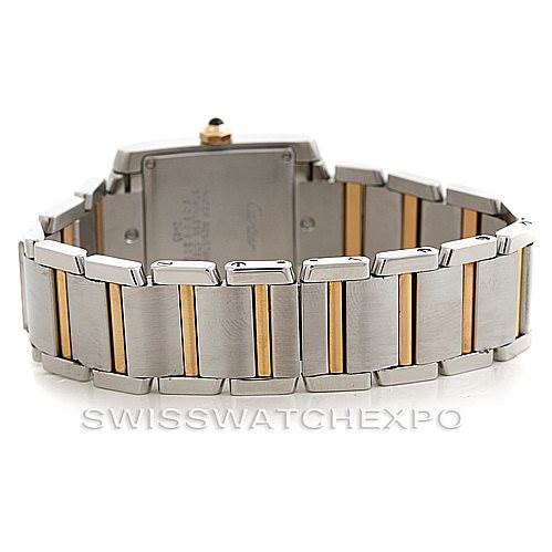 This image shows the back side of the bracelet and case of the Cartier Tank Francaise W51012Q4 Women's Steel and Gold (two tone) Silver Dial W51012Q4 Women's Steel and Gold (two tone) Silver Dial watch, highlighting its two-tone metal design.