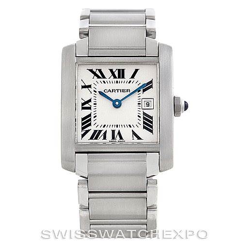 This image shows a frontal view of the Cartier Tank Francaise W51011Q3 Women's Stainless Steel Silver Dial W51011Q3 Women's Stainless Steel Silver Dial watch, displaying its rectangular dial, Roman numerals, and stainless steel bracelet.