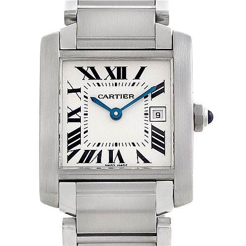 The image shows a head-on view of a Cartier Tank Française, highlighting the face, bracelet, and crown.