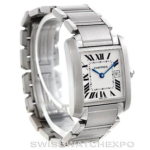 The image shows a Cartier Tank Francaise W51011Q3 Women's Stainless Steel Silver Dial W51011Q3 Women's Stainless Steel Silver Dial watch at a three-quarter angle, highlighting its face, bracelet, and date display.