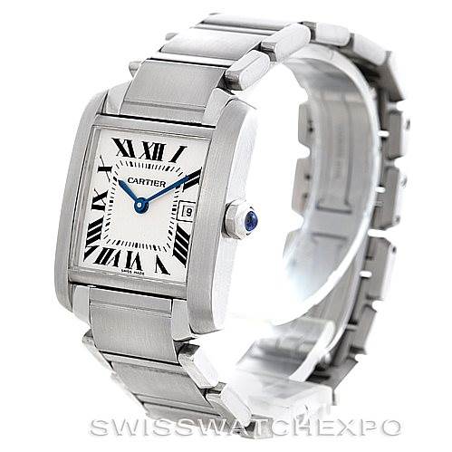 This Cartier Tank Francaise W51011Q3 Women's Stainless Steel Silver Dial W51011Q3 Women's Stainless Steel Silver Dial watch is shown from a front angle with a side view, displaying the face, bracelet, and crown.