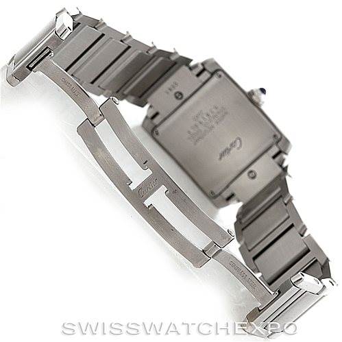 The image shows the back and clasp mechanism of a Cartier Tank Francaise W51011Q3 Women's Stainless Steel Silver Dial W51011Q3 Women's Stainless Steel Silver Dial watch, highlighting the metal bracelet.