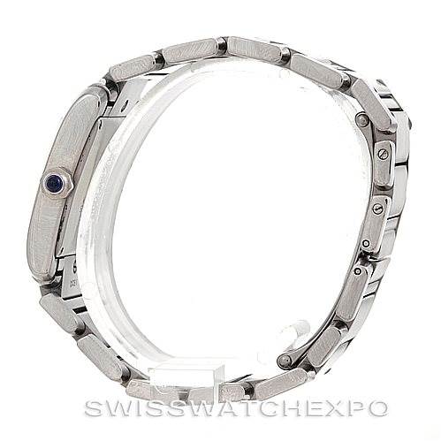 This image shows a side view of the Tank Française model by Cartier, highlighting its bracelet and crown.