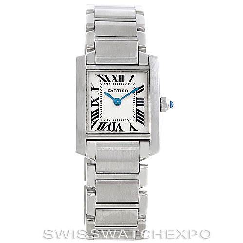 The image shows a Cartier Tank Francaise W51008Q3 Women's Stainless Steel Silver Dial W51008Q3 Women's Stainless Steel Silver Dial watch from a front view, displaying the face, blue hands, and metal bracelet.