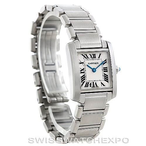 The Cartier Tank Francaise W51008Q3 Women's Stainless Steel Silver Dial W51008Q3 Women's Stainless Steel Silver Dial model watch is shown at a three-quarter angle, highlighting its rectangular face, Roman numerals, and bracelet.