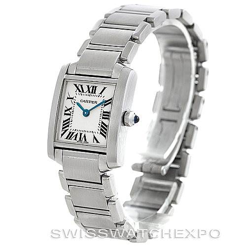 The image shows a Cartier Tank Francaise W51008Q3 Women's Stainless Steel Silver Dial W51008Q3 Women's Stainless Steel Silver Dial watch at a tilted angle, highlighting the face, bracelet, and side profile.