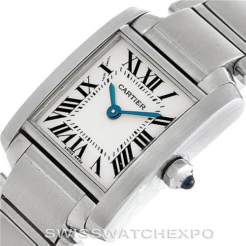 The image shows the Cartier Tank Francaise W51008Q3 Women's Stainless Steel Silver Dial W51008Q3 Women's Stainless Steel Silver Dial watch at a close-up angle, highlighting its face, bezel, crown, and part of the bracelet.