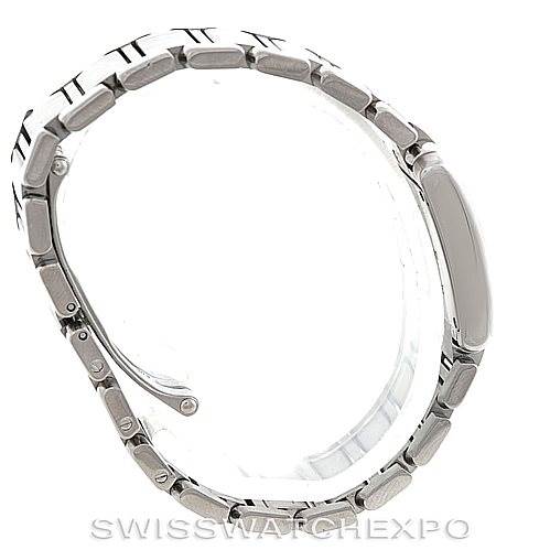 The image shows a side angle of the Tank Francaise watch by Cartier, highlighting its bracelet and clasp.