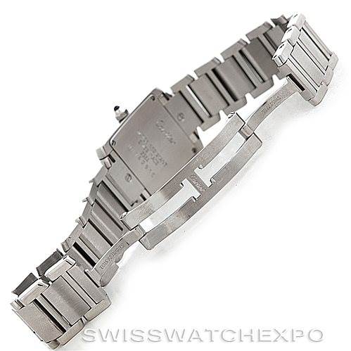This image shows the back and bracelet clasp of a Cartier Tank Française watch.