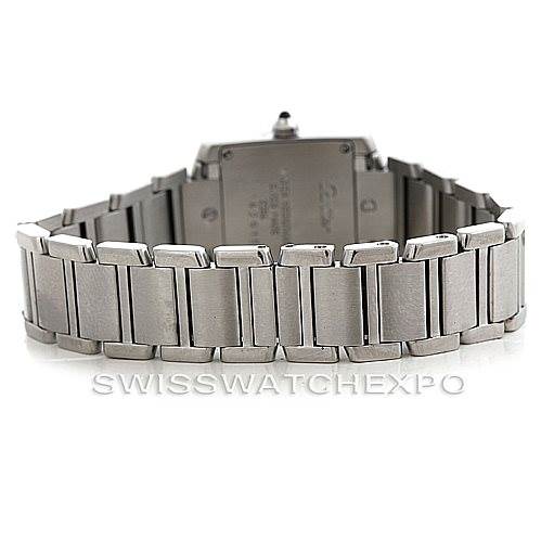 This image shows the back view of the stainless steel bracelet and case of a Cartier Tank Française watch.