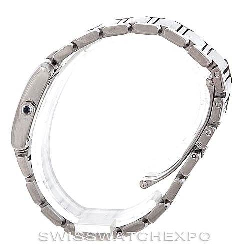 The image shows a Cartier Tank Française watch viewed from the side, focusing on the bracelet and clasp.