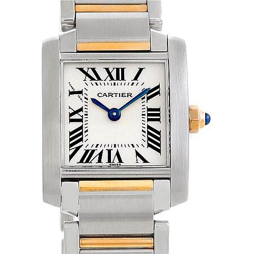 The image shows a front view of the Cartier Tank Francaise W51007Q4 Steel and Gold (two tone) Silver Dial W51007Q4 Steel and Gold (two tone) Silver Dial watch, highlighting its face, band, and crown.