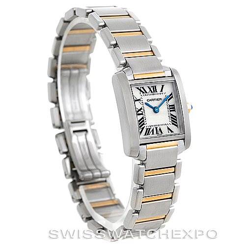 The image shows a Cartier Tank Francaise W51007Q4 Steel and Gold (two tone) Silver Dial W51007Q4 Steel and Gold (two tone) Silver Dial watch at a three-quarter angle, displaying its bracelet, case, dial, and clasp.