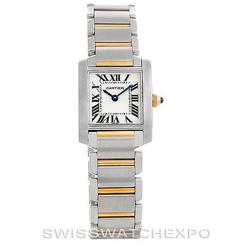 This image shows a frontal view of the Cartier Tank Francaise W51007Q4 Steel and Gold (two tone) Silver Dial W51007Q4 Steel and Gold (two tone) Silver Dial watch, highlighting its rectangular face, Roman numerals, and two-tone metal bracelet.