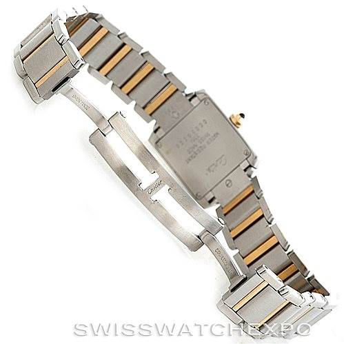 This image shows the back angle of a Cartier Tank Francaise W51007Q4 Steel and Gold (two tone) Silver Dial W51007Q4 Steel and Gold (two tone) Silver Dial watch, highlighting the case back and two-tone bracelet.