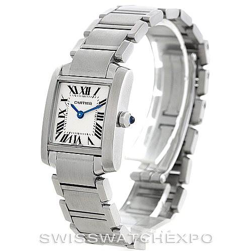 The Tank Francaise by Cartier is shown at a slight angle displaying its stainless steel bracelet, square case, and blue sapphire crown.