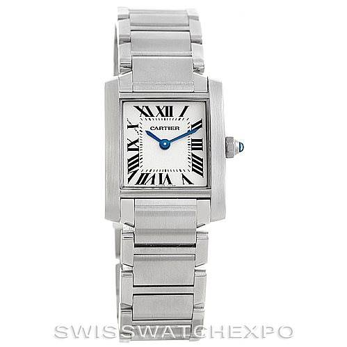 The image shows a front view of the Cartier Tank Francaise W51008Q3 Women's Stainless Steel Silver Dial W51008Q3 Women's Stainless Steel Silver Dial watch, displaying its face, case, band, and crown.