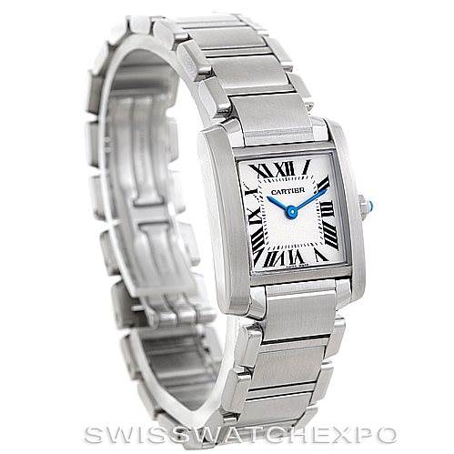 The image shows a Cartier Tank Francaise W51008Q3 Women's Stainless Steel Silver Dial W51008Q3 Women's Stainless Steel Silver Dial watch, highlighting its face, bracelet, and crown in a three-quarter angle.
