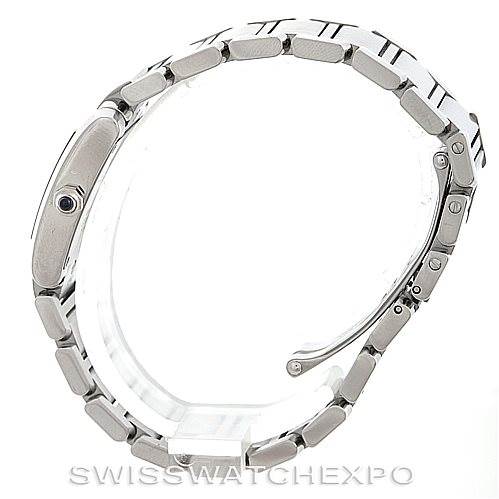 This image shows a Cartier Tank Francaise W51008Q3 Women's Stainless Steel Silver Dial W51008Q3 Women's Stainless Steel Silver Dial watch from a side angle, highlighting its bracelet and clasp.