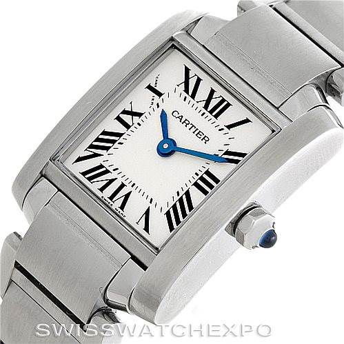 The image showcases a close-up, angled view of the Cartier Tank Francaise W51008Q3 Women's Stainless Steel Silver Dial W51008Q3 Women's Stainless Steel Silver Dial watch, highlighting its dial, bezel, and part of the bracelet.