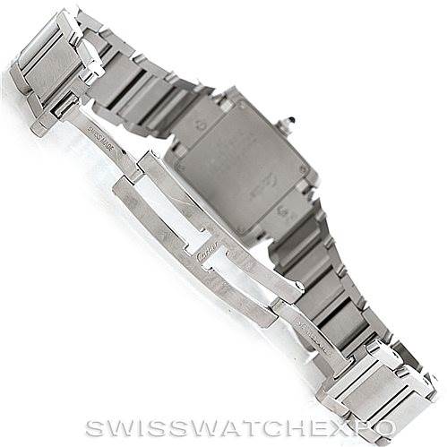 The image shows the stainless steel clasp and bracelet of the Cartier Tank Francaise W51008Q3 Women's Stainless Steel Silver Dial W51008Q3 Women's Stainless Steel Silver Dial watch from the underside view.