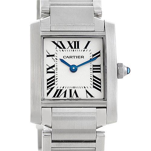 The image shows a front view of the Cartier Tank Française watch, featuring its face and part of the metal bracelet.
