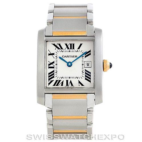 This image shows a front view of the Cartier Tank Française watch, highlighting its dial, bezel, and two-tone bracelet.