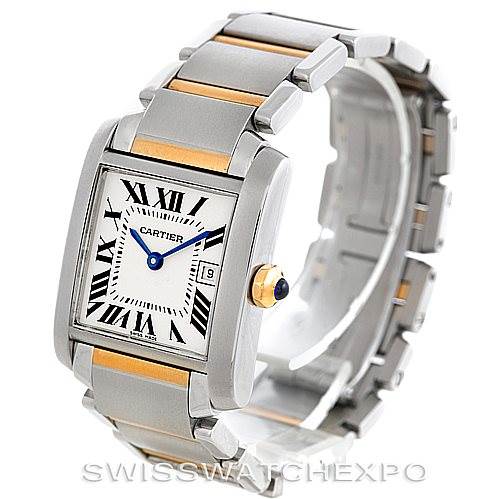 The image shows a front angle view of the Cartier Tank Francaise W51012Q4 Women's Steel and Gold (two tone) Silver Dial W51012Q4 Women's Steel and Gold (two tone) Silver Dial watch, highlighting its face, Roman numerals, and metal bracelet.