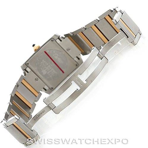 The image shows the backside and clasp of a Cartier Tank Francaise W51012Q4 Women's Steel and Gold (two tone) Silver Dial W51012Q4 Women's Steel and Gold (two tone) Silver Dial watch, highlighting its stainless steel and gold bracelet.