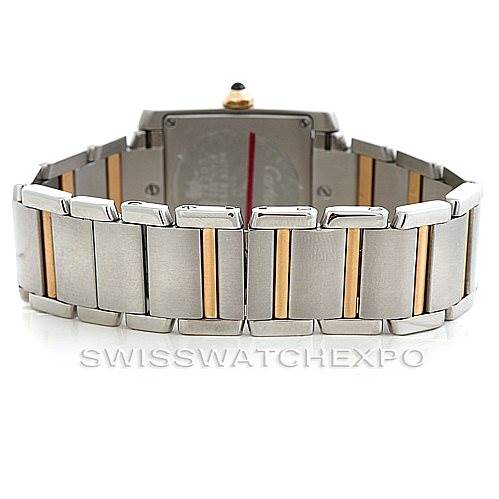 This image shows the back view of the Cartier Tank Francaise W51012Q4 Women's Steel and Gold (two tone) Silver Dial W51012Q4 Women's Steel and Gold (two tone) Silver Dial model, focusing on the metal bracelet with gold and silver tones.