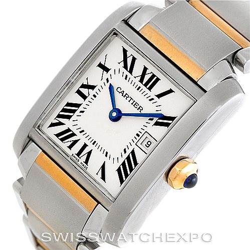 The Cartier Tank Francaise W51012Q4 Women's Steel and Gold (two tone) Silver Dial W51012Q4 Women's Steel and Gold (two tone) Silver Dial watch is shown at an angle highlighting the face, crown, and part of the bracelet.