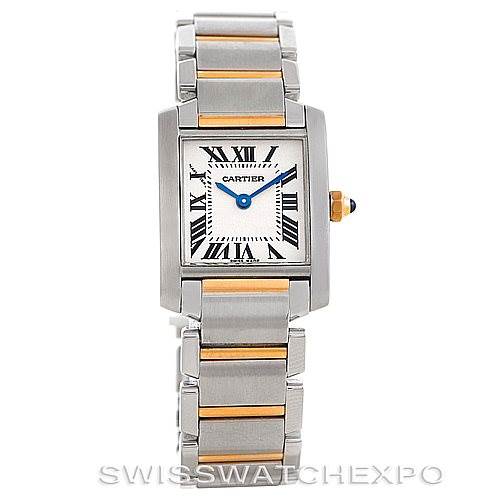 The image shows a frontal view of a Cartier Tank Francaise W51007Q4 Women's Steel and Gold (two tone) Silver Dial W51007Q4 Women's Steel and Gold (two tone) Silver Dial watch, displaying the face, bracelet, and crown with a blue cabochon.