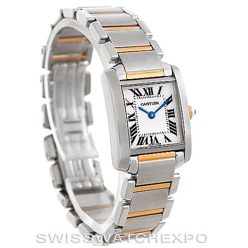 This image shows a Cartier Tank Française watch at a slanted front angle, highlighting its stainless steel and gold bracelet and rectangular face.