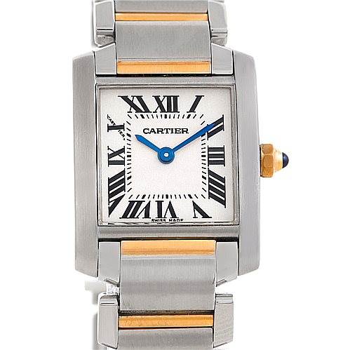 This image shows a front view of the Cartier Tank Francaise W51007Q4 Women's Steel and Gold (two tone) Silver Dial W51007Q4 Women's Steel and Gold (two tone) Silver Dial watch, highlighting its face, bracelet, and crown.